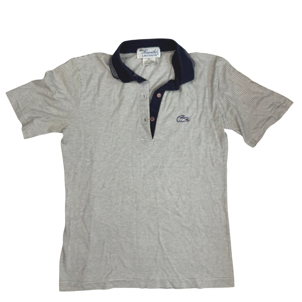 Haymaker Lacoste Vintage Preppy Women Polo Shirt White Navy Blue Striped Cotton